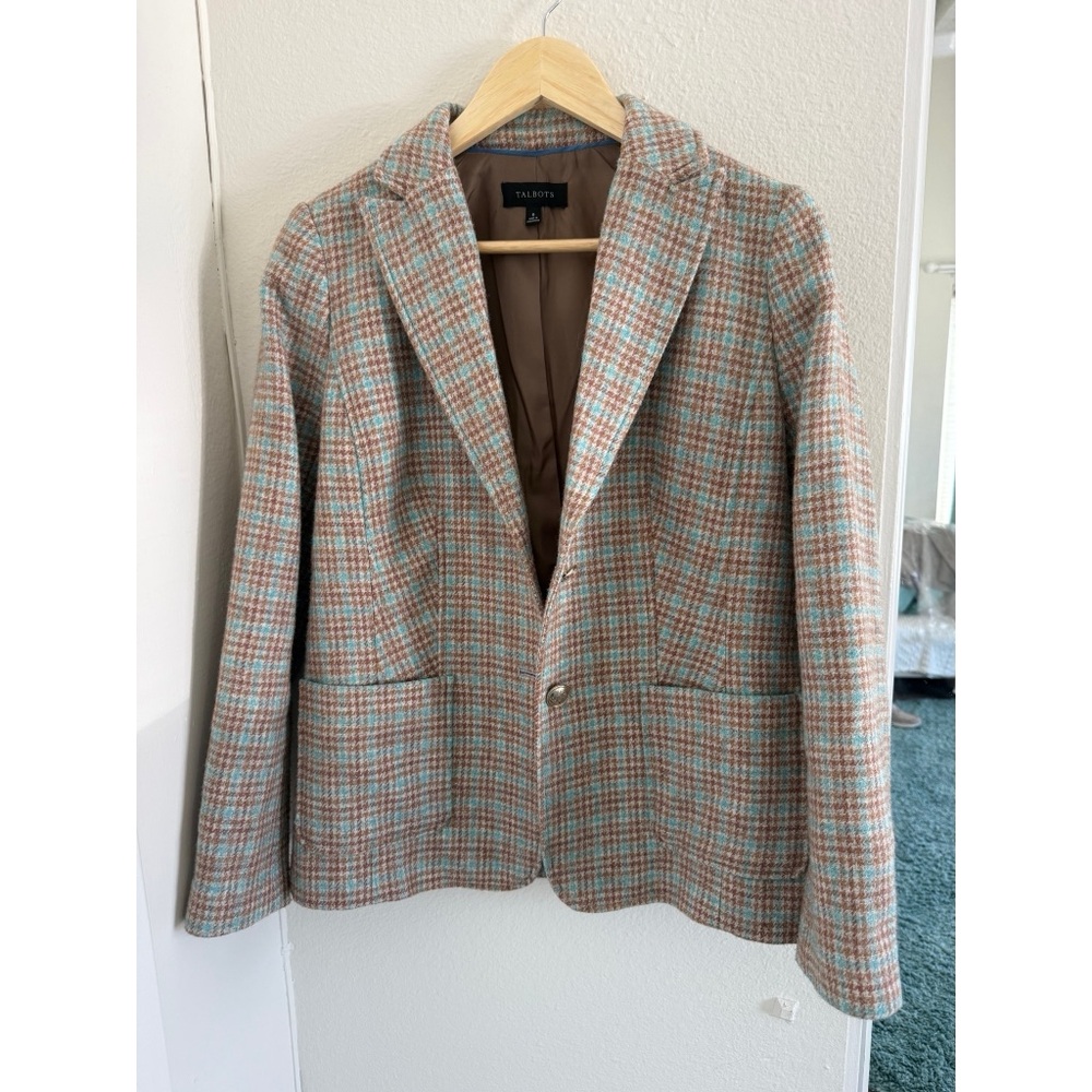 Talbots Wool Blend Plaid Blazer Size 6 – Brown & Aqua Houndstooth
